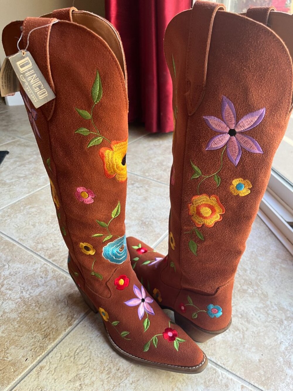 dingo Rust Suede Knee-High Embroidered Floral Heeled Boots